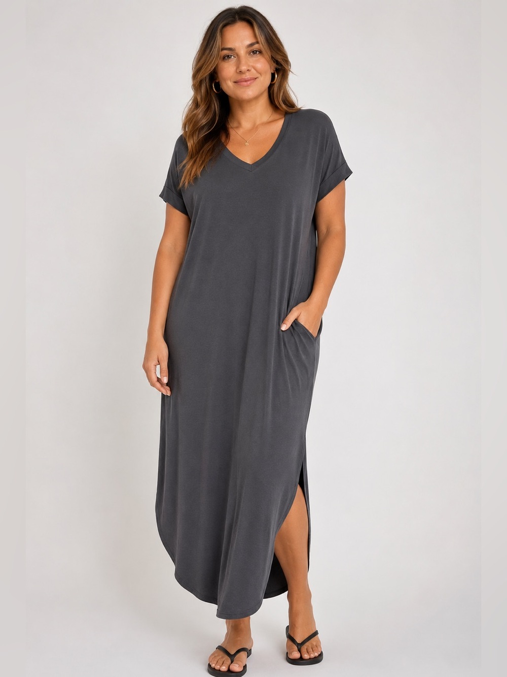 Zenana Outfitters Charcoal V-Neck Short Sleeve Maxi Dress